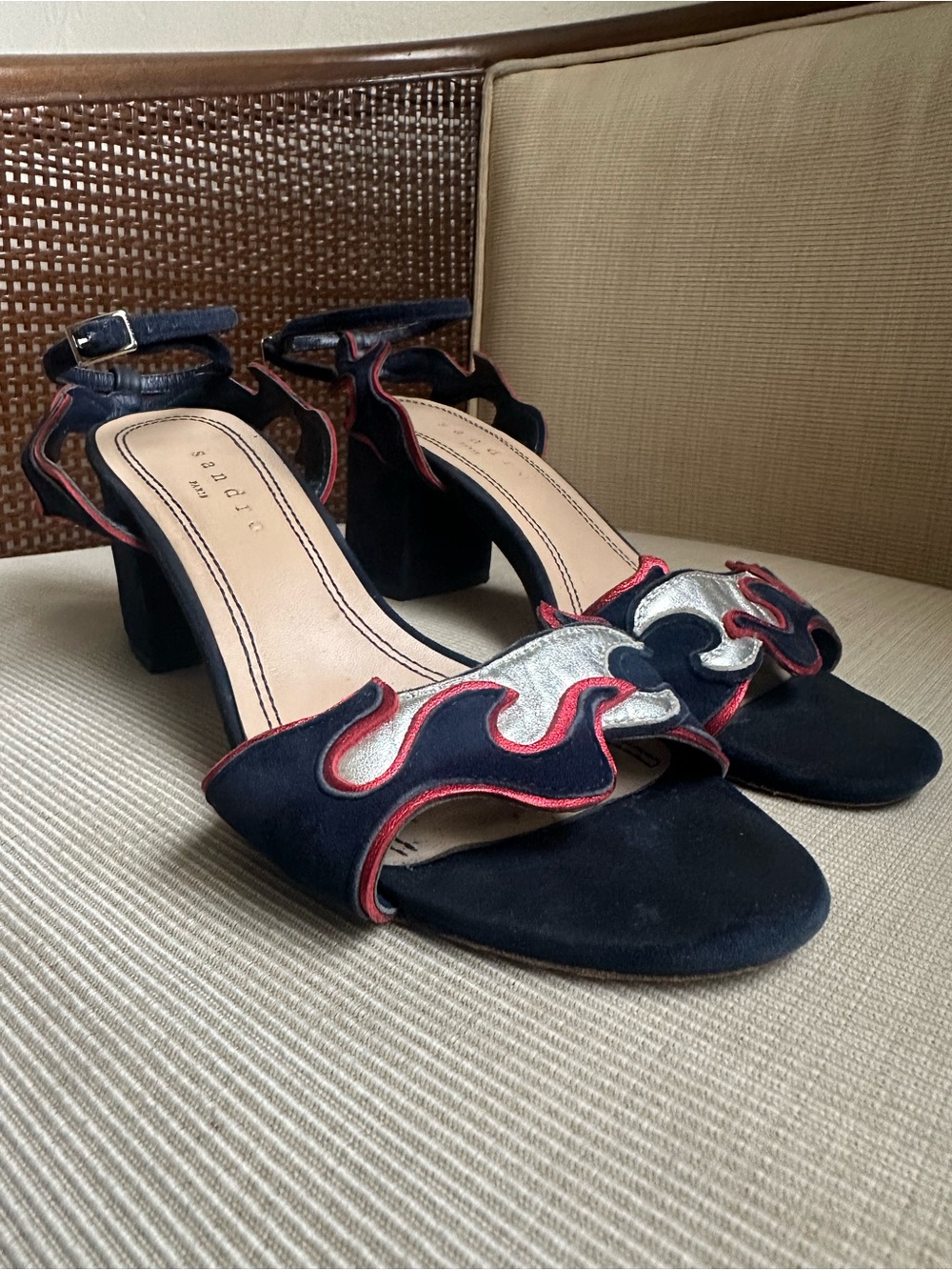Sandro Block Heel Ankle-Strap Sandals with Flame Detail